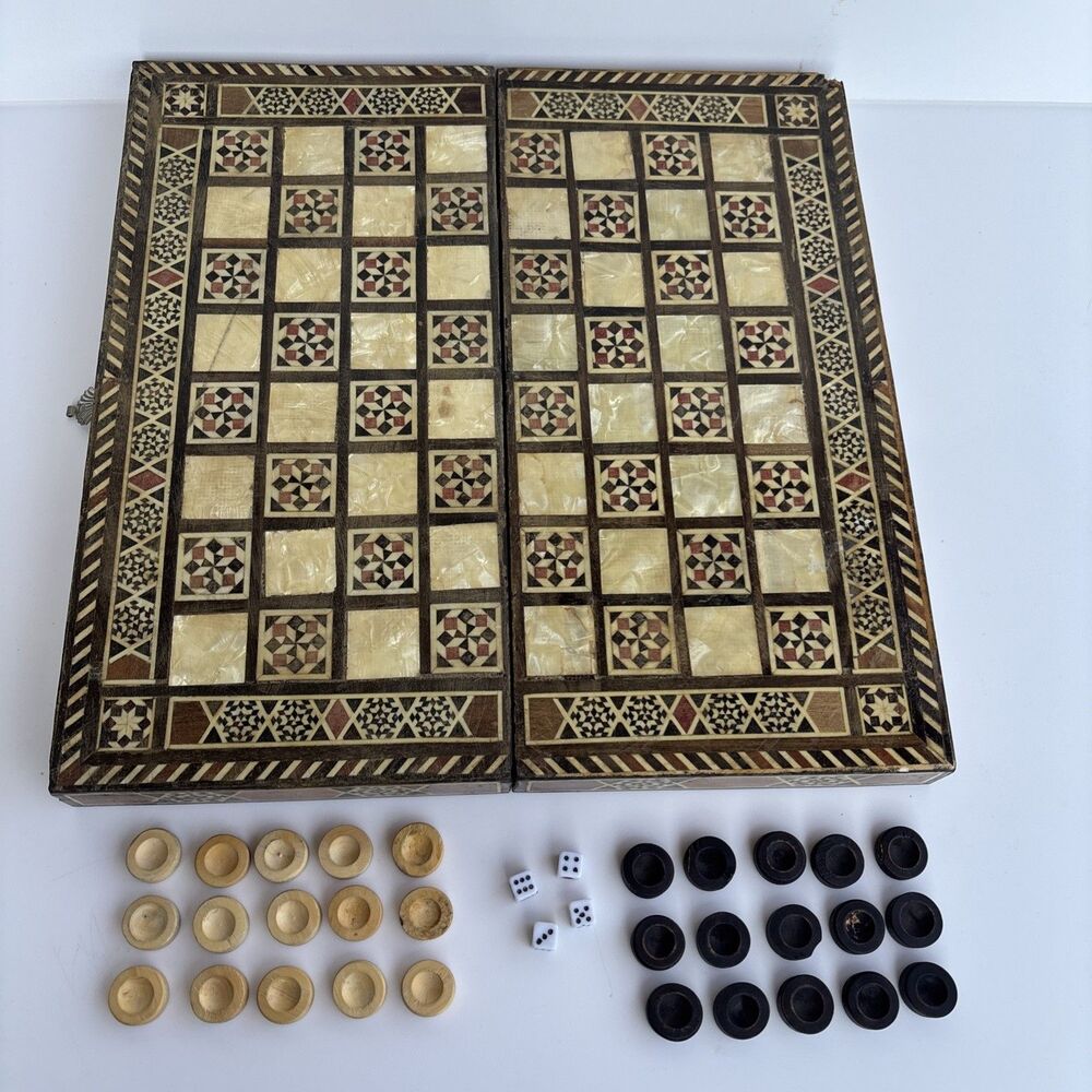Vintage Folding Syrian Style Combo Checkers Backgammon Set Inlaid Wood & Mosaic